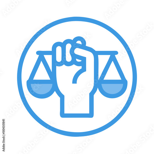Blue justice icon with fist and scales