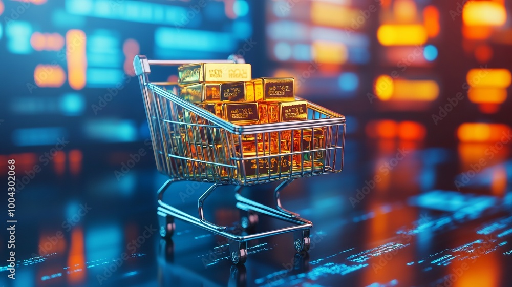 Tiny shopping cart with gold bars on a digital background. AI generated illustration Tiny shopping cart with gold bars on a digital background. AI generated illustration