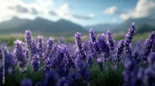 A serene lavender field stretches out under a clear blue sky, with distant mountains in view, offering a tranquil and picturesque landscape filled with natural beauty. photo