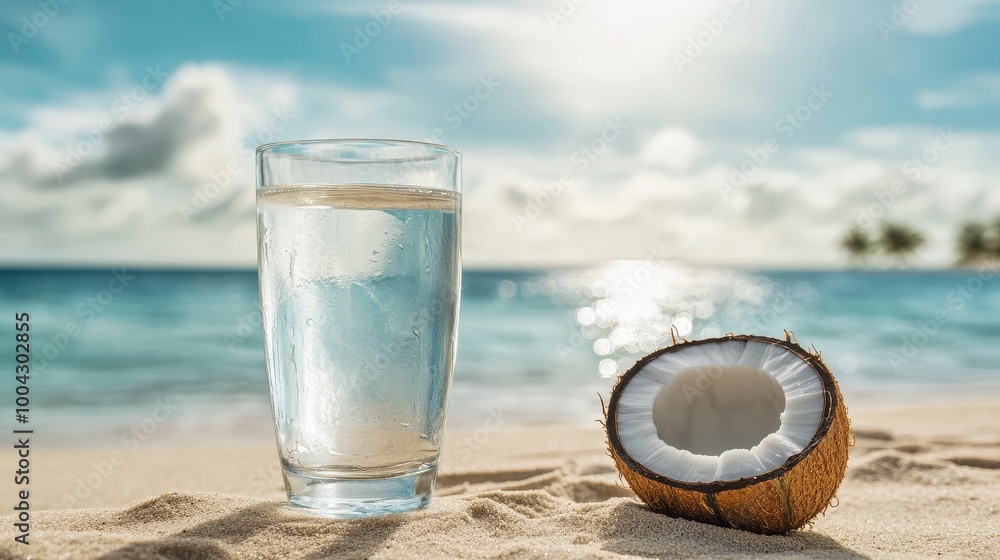 Photo of a glass filled with coconut water on the beach, with half-open coconuts and the ocean in the background Photo of a glass filled with coconut water on the beach, with half-open coconuts and the ocean in the background