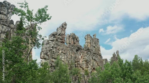 Inzerkiye mountain range in Tirlyan village, Bashkortostan. Famous stone pylons in Ural mountains photo