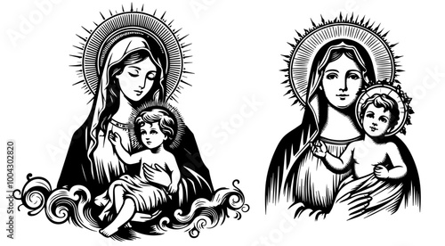 artistic representations of Madonna and child with radiant halos