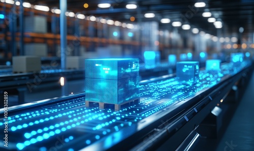 Digital Hologram of Boxes on a Conveyor Belt in a Warehouse, AI generated illustration