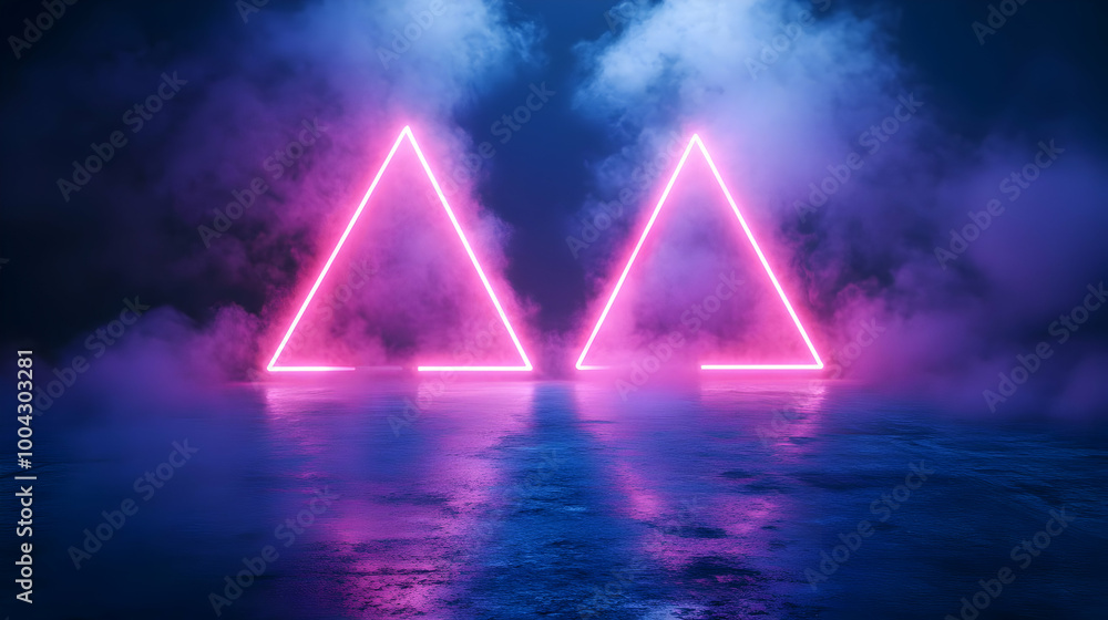 Abstract Background with Neon Triangles and Fog Abstract Background with Neon Triangles and Fog