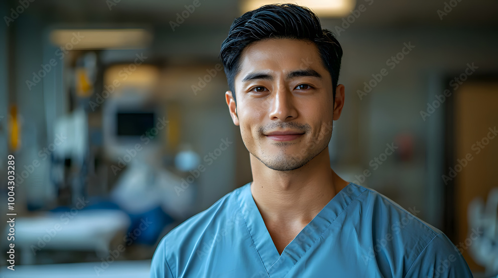 Fototapeta premium Confident male nurse in scrubs smiling in a modern hospital setting, showcasing professionalism and care for patients.