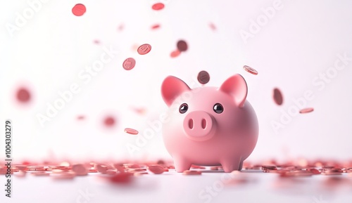 Cute Pink Piggy Bank with Coins Falling, AI generated illustration