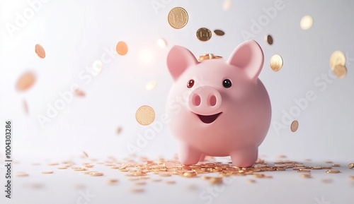 Cute Pink Piggy Bank with Coins Falling, AI generated illustration