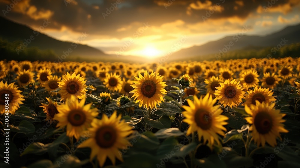 Obraz premium An expansive field of sunflowers stretches into the distance, each flower glowing with golden light under a dramatic sunset sky, embodying peace and nature's grandeur.