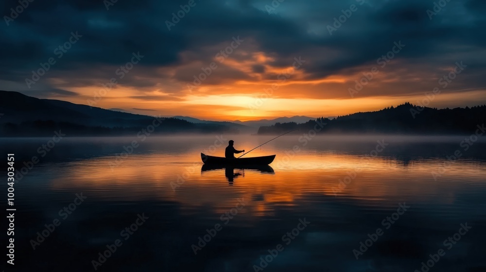 In the quiet of dusk, a fisherman rows gently across a tranquil lake, silhouetted against the fading sunlight, evoking a sense of serene solitude and contemplation. In the quiet of dusk, a fisherman rows gently across a tranquil lake, silhouetted against the fading sunlight, evoking a sense of serene solitude and contemplation.
