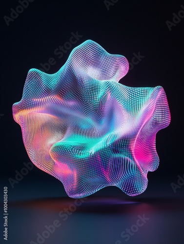 Colorful abstract shape with glowing effects, showcasing vibrant patterns on a dark background. A minimalist poster in metallic and chrome gradient style.