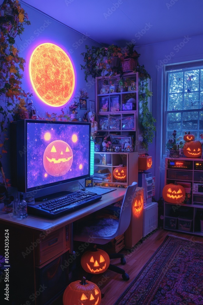 Festive computer desk setup with Halloween decorations Festive computer desk setup with Halloween decorations
