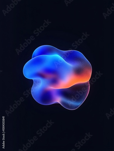 Colorful abstract shape with smooth curves, evoking a sense of depth and motion against a dark background. A minimalist poster in metallic and chrome gradient style.