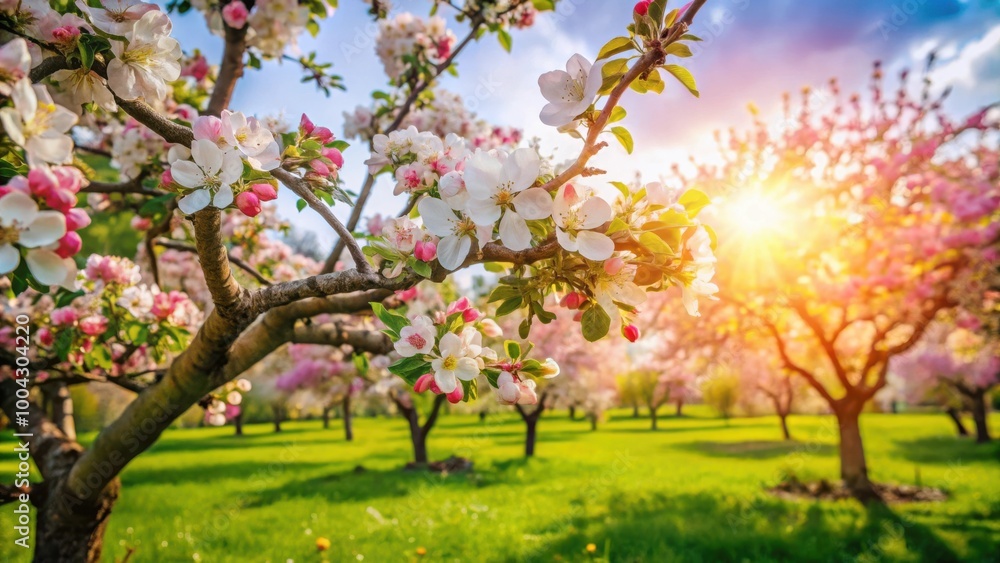 Beautiful blossoming apple tree garden on a sunny spring day with vibrant flowers and green leaves in full bloom nature scenic landscape photography Beautiful blossoming apple tree garden on a sunny spring day with vibrant flowers and green leaves in full bloom nature scenic landscape photography