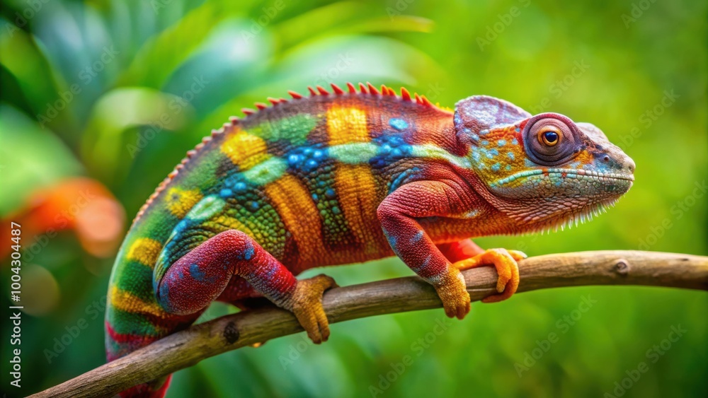 Fototapeta premium Colorful Panther Chameleon Furcifer Pardalis Perched on Branch in Green Environment