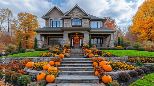 Luxury Home with Autumn Decor & Pumpkin-Lined Walkway Under Fall Foliage