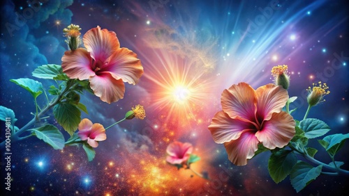 Celestial Hibiscus Blossoms with Ethereal Glow in Radiant Cosmic Brilliance