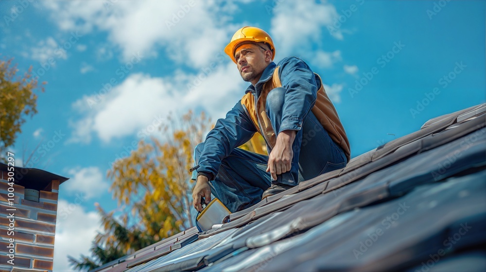 Professional roofer in hard hat inspecting residential roof on a sunny day Professional roofer in hard hat inspecting residential roof on a sunny day