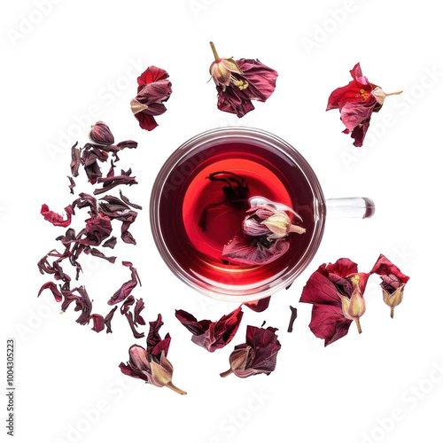  red hibiscus tea, adorned with a fresh hibiscus flower and dried petals, png transparent background. photo