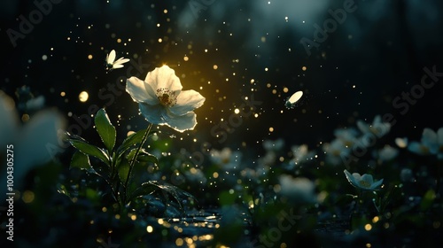 A white flower glows brilliantly amidst glowing fireflies in a magical golden light, capturing the enchanting beauty and wonder of the natural world.