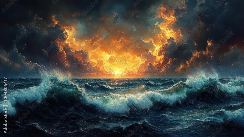Naklejka premium seascape depicting rolling waves under a stormy sky showcasing the power of nature dark clouds swirl above while the ocean churns below creating a dramatic and intense atmosphere