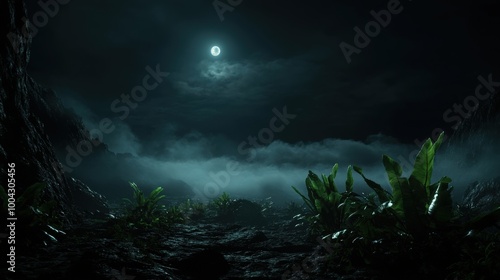 A mystical jungle landscape under a bright moonlight, featuring lush green foliage, a mysterious pathway, and a canopy of mist creating an eerie ambiance.