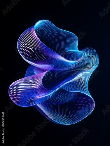 Colorful abstract wave design with intricate patterns against a dark background. A minimalist poster in metallic and chrome gradient style.