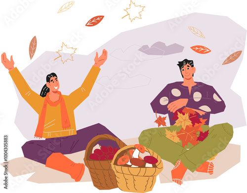 Woman and man in the forest picking mushrooms and scattering autumn leaves. Autumn banner or poster background.