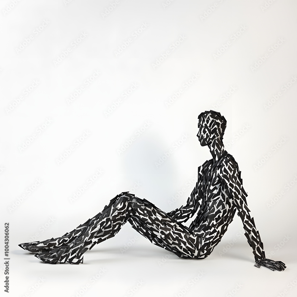 Fototapeta premium Cosmic Contemplation: A character sits cross-legged, their elongated body formed by intersecting rectangles. Their gaze is upward, as if pondering the mysteries of distant galaxies. The white 