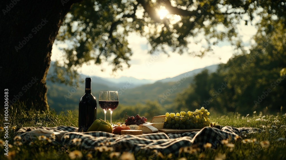 An idyllic picnic scene presents wine, cheese, grapes, and a checkered blanket under a tree, surrounded by the lush rolling hills of a beautiful countryside. An idyllic picnic scene presents wine, cheese, grapes, and a checkered blanket under a tree, surrounded by the lush rolling hills of a beautiful countryside.