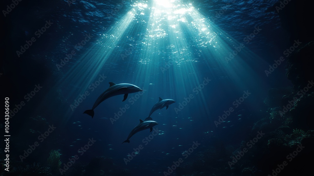 A serene underwater scene reveals three dolphins swimming peacefully through sunlit ripples above a deep blue ocean floor, highlighting the tranquility of the marine world. A serene underwater scene reveals three dolphins swimming peacefully through sunlit ripples above a deep blue ocean floor, highlighting the tranquility of the marine world.