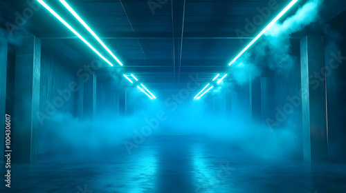 Blue Neon Lights and Fog in a Concrete Corridor 3D Illustration