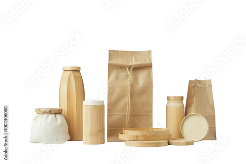 A collection of eco-friendly kraft paper packaging showcasing different shapes and sizes, Ideal for promoting sustainability and packaging design, png transparent background. photo