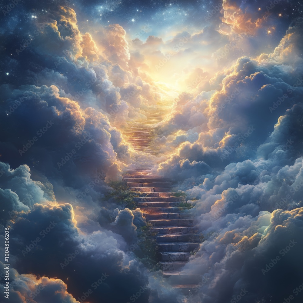 Stairway leading through clouds to a glowing light in the sky. Way to ...