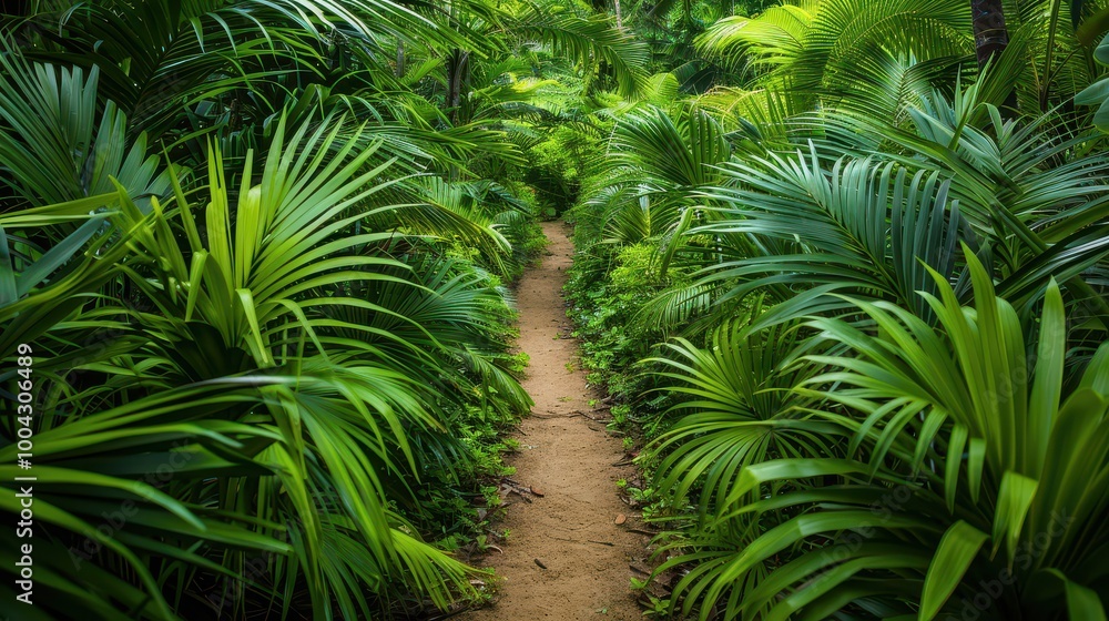 A serene jungle path surrounded by lush green foliage, inviting exploration and adventure in a tranquil natural setting. A serene jungle path surrounded by lush green foliage, inviting exploration and adventure in a tranquil natural setting.