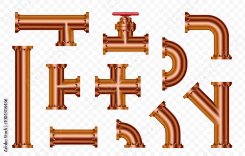 Metal copper pipeline elements with valve, different shapes for water, gas or crude oil. Isolated on a transparent background. Vector stock template