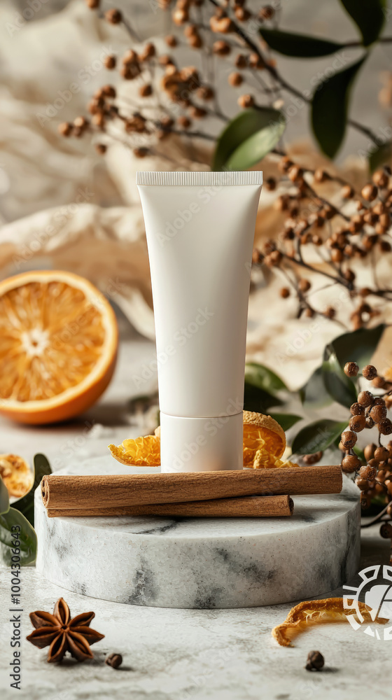 Fototapeta premium A tube of hand cream is elegantly placed on marble coaster, surrounded by dried orange slices, cinnamon sticks, and decorative foliage, creating warm and inviting atmosphere