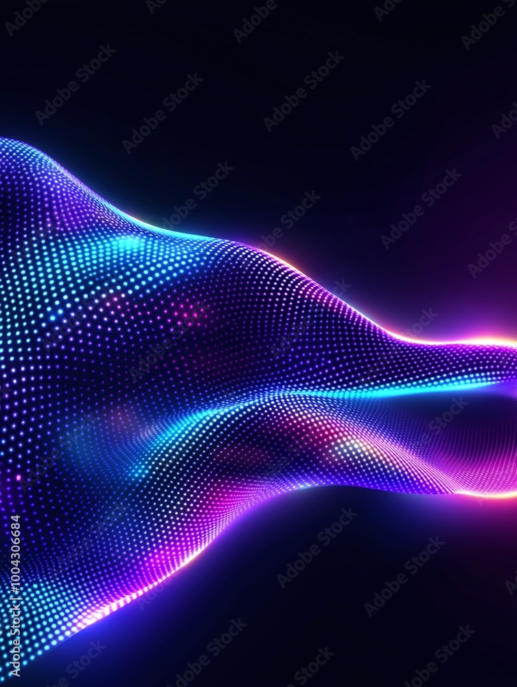 Colorful abstract wave of digital dots on a dark background, perfect for tech, music, and modern design themes. A minimalist poster in metallic and chrome gradient style. Colorful abstract wave of digital dots on a dark background, perfect for tech, music, and modern design themes. A minimalist poster in metallic and chrome gradient style.