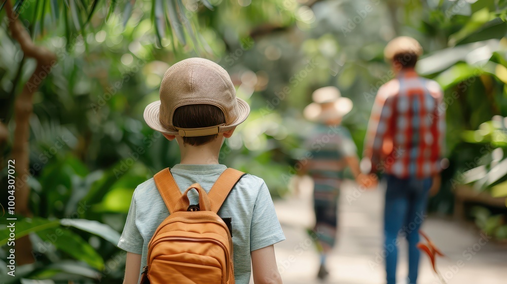 Fototapeta premium A child walks through a lush garden, leading the way for a family adventure surrounded by greenery and nature's beauty.