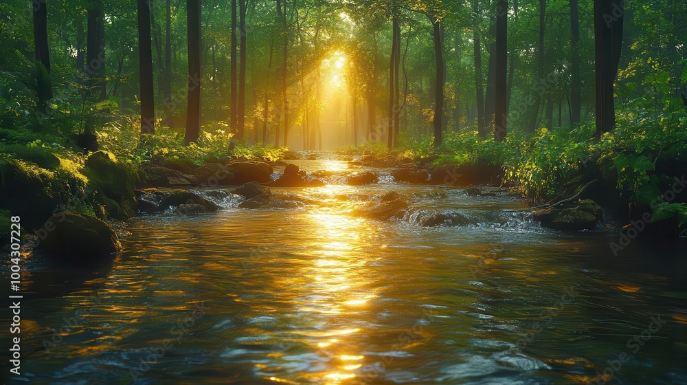Obraz premium serene forest scene with a gently winding river flowing through dense green foliage capturing the tranquility of nature and the beauty of untouched landscapes