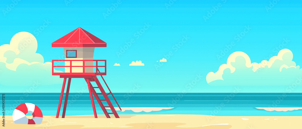 A colorful beach scene featuring a lifeguard tower, sandy shore, ocean waves, and a beach ball under a clear blue sky. A colorful beach scene featuring a lifeguard tower, sandy shore, ocean waves, and a beach ball under a clear blue sky.