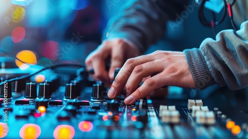 A close-up of hands adjusting a DJ mixer at an energetic music event, highlighting creativity and passion in music production. photo