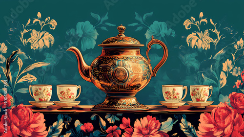 A traditional russian samovar with a teapot on top, surrounded by tea cups. Renaissance Fair. Illustration photo