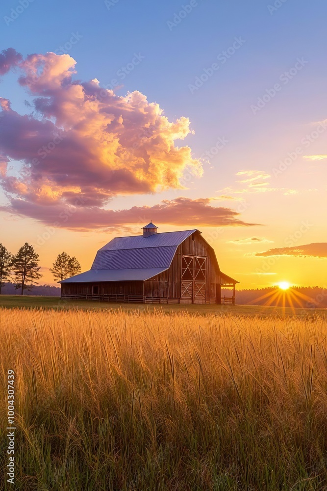 Serene Rustic Barn at Sunset Surrounded by Tall Grass and Trees in a Tranquil Landscape Serene Rustic Barn at Sunset Surrounded by Tall Grass and Trees in a Tranquil Landscape