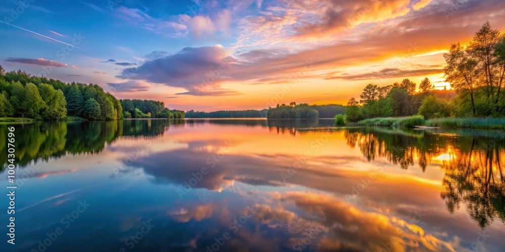 Tranquil lake at sunset with water reflecting soft twilight hues nature photography Tranquil lake at sunset with water reflecting soft twilight hues nature photography