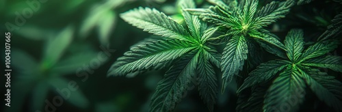 Close-up view of vibrant green leaves and buds on a cannabis plant in natural light