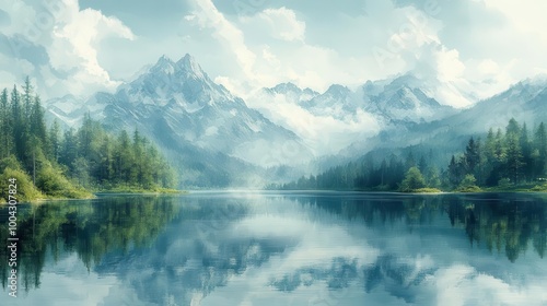 serene mountain lakes illustrated in a watercolor style reflecting the surrounding peaks and lush greenery capturing the tranquility and beauty of nature