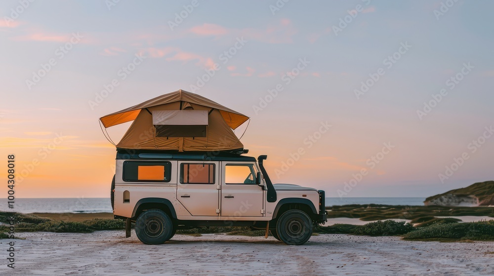 Fototapeta premium A rugged camper vehicle parked on a beach at sunset, perfect for outdoor adventure and exploration.