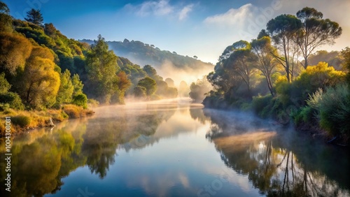 Morning mist on Andalusian river and Mediterranean forest