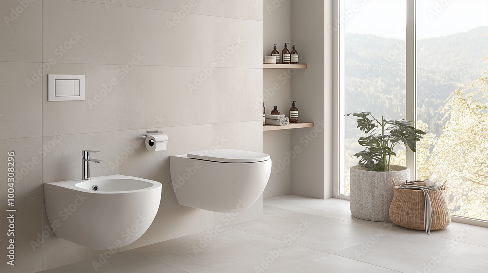 Modern bathroom setup with suspended white toilet and bidet, set against light gray ceramic tiles for a contemporary feel. photo Modern bathroom setup with suspended white toilet and bidet, set against light gray ceramic tiles for a contemporary feel. photo