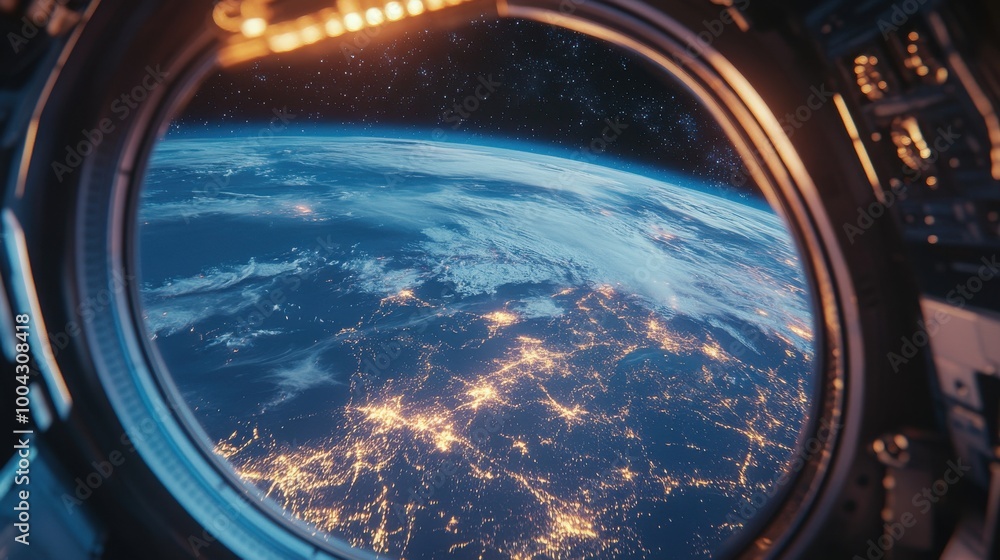 An astronaut looks at the Earth from inside a space station, with a view through a round window of the planet Earth, including the lights of cities, the night sky, outer space, and stars. An astronaut looks at the Earth from inside a space station, with a view through a round window of the planet Earth, including the lights of cities, the night sky, outer space, and stars.